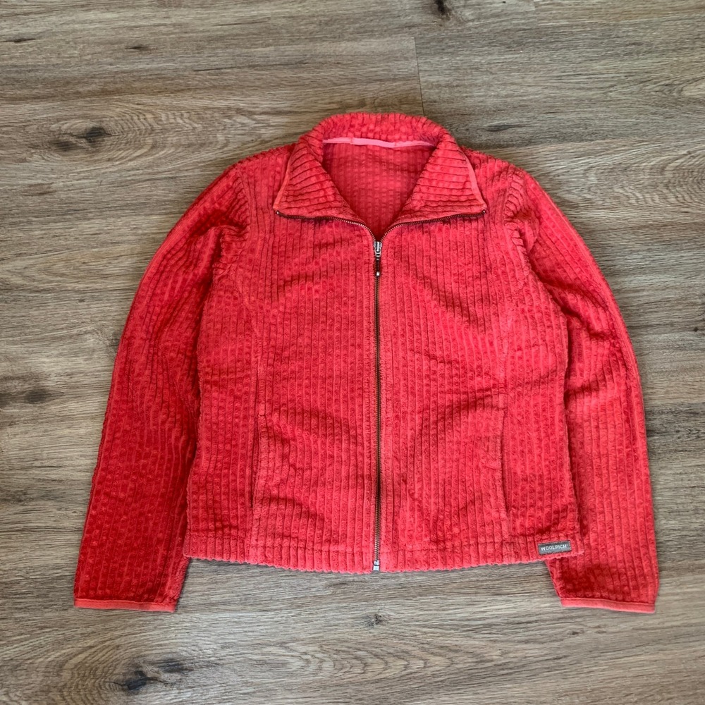 Woolrich Womens Full Zip Ribbed Fleece Jacket Coral Red Outdoor Sweater Small